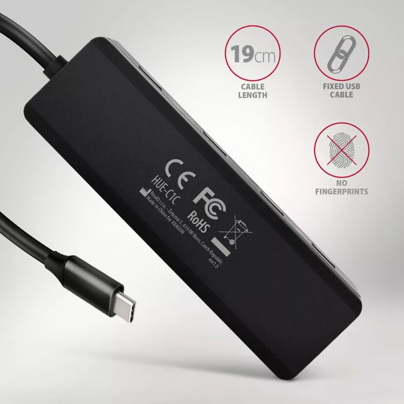 USB-C kelionių stotelė Axagon HUE-C1C 4x USB 5Gbps, USB-C maitinimo įvadas, 19 cm USB-C laidas