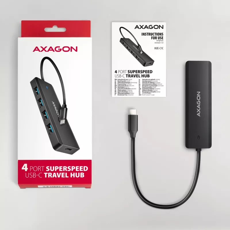 USB-C kelionių stotelė Axagon HUE-C1C 4x USB 5Gbps, USB-C maitinimo įvadas, 19 cm USB-C laidas