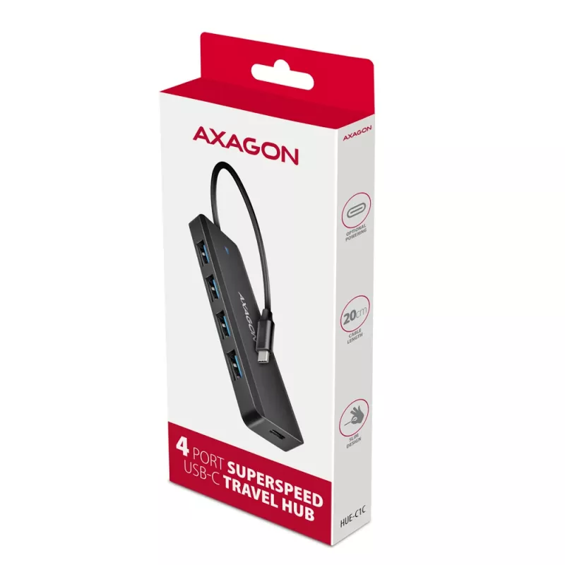 USB-C kelionių stotelė Axagon HUE-C1C 4x USB 5Gbps, USB-C maitinimo įvadas, 19 cm USB-C laidas