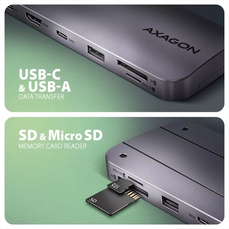 Axagon HMC-6GM2 USB 10Gbps šakotuvas USB-A USB-C HDMI M.2 SD/mSD PD 100W USB-C laidinis USB 3.2 Gen 2 (3.1 Gen 2) Type-C pilka