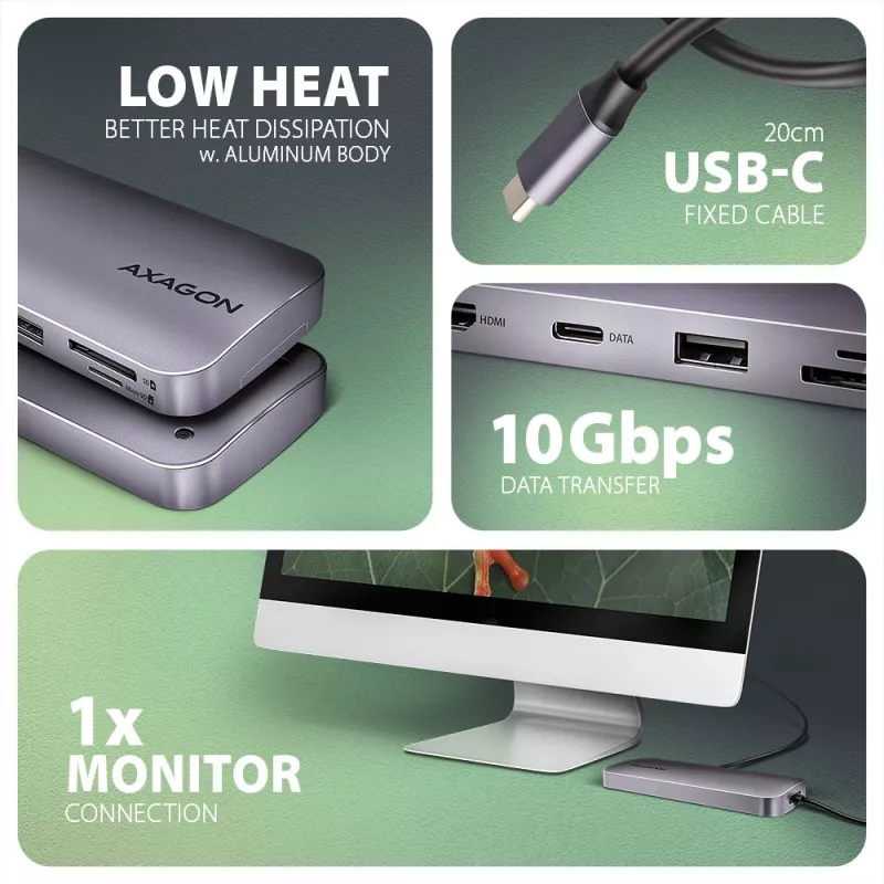 Axagon HMC-6GM2 USB 10Gbps šakotuvas USB-A USB-C HDMI M.2 SD/mSD PD 100W USB-C laidinis USB 3.2 Gen 2 (3.1 Gen 2) Type-C pilka