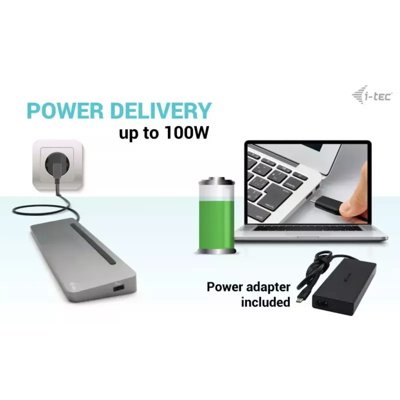 i-tec USB-C metalinė ergonominė 3x 4K monitorių prijungimo stotelė su 100 W maitinimu ir universaliu 100 W įkrovikliu