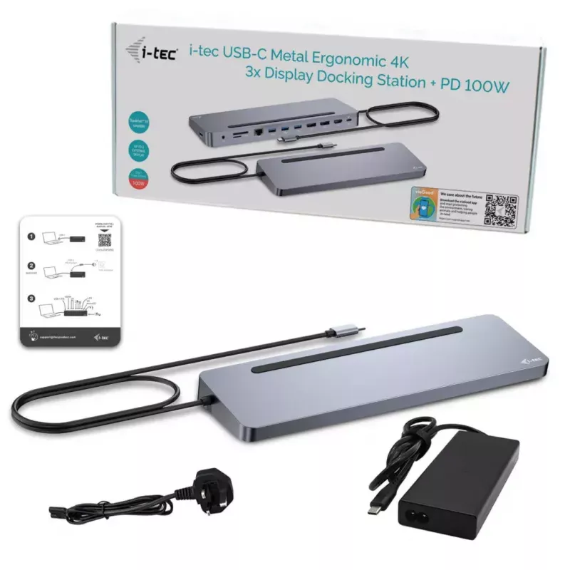 i-tec USB-C metalinė ergonominė 3x 4K monitorių prijungimo stotelė su 100 W maitinimu ir universaliu 100 W įkrovikliu