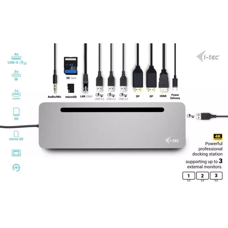 i-tec USB-C metalinė ergonominė 3x 4K monitorių prijungimo stotelė su 100 W maitinimu ir universaliu 100 W įkrovikliu