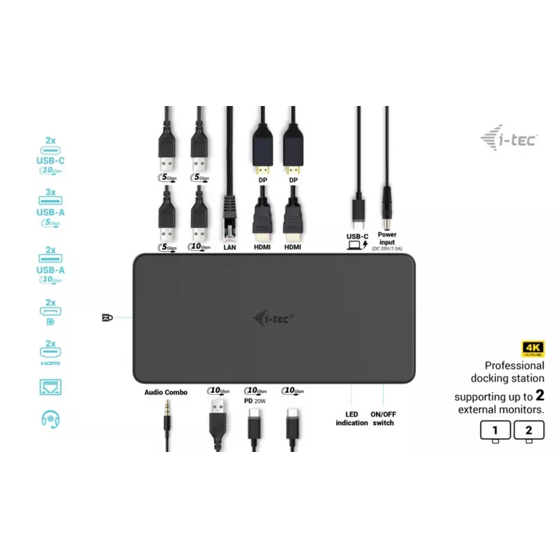 i-tec USB 3.0 / USB-C / Thunderbolt 3 Professional Dual 4K Display Dock 2-os kartos stotelė su Power Delivery 100W