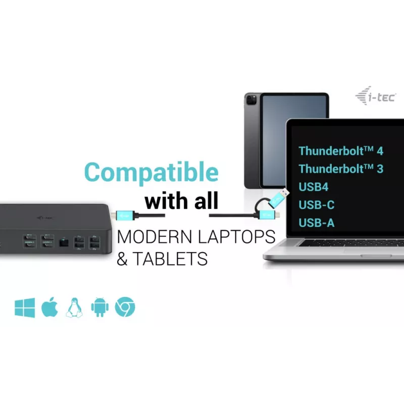 i-tec USB 3.0 / USB-C / Thunderbolt 3 Professional Dual 4K Display Dock 2-os kartos stotelė su Power Delivery 100W