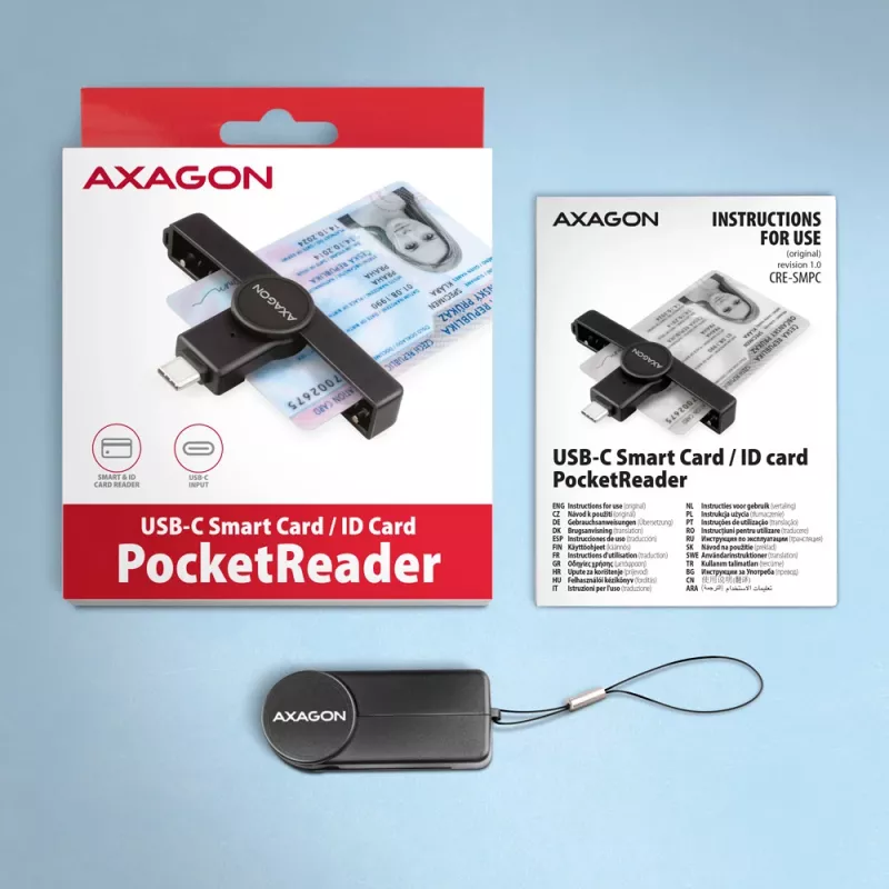 Axagon CRE-SMPC USB-C Smart Card / ID kortelių skaitytuvas PocketReader, juodas