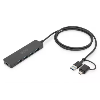 DIGITUS USB 3.0 Hub 4 prievadų Slimline su USB-C adapteriu 5Gbps 1 m laidas