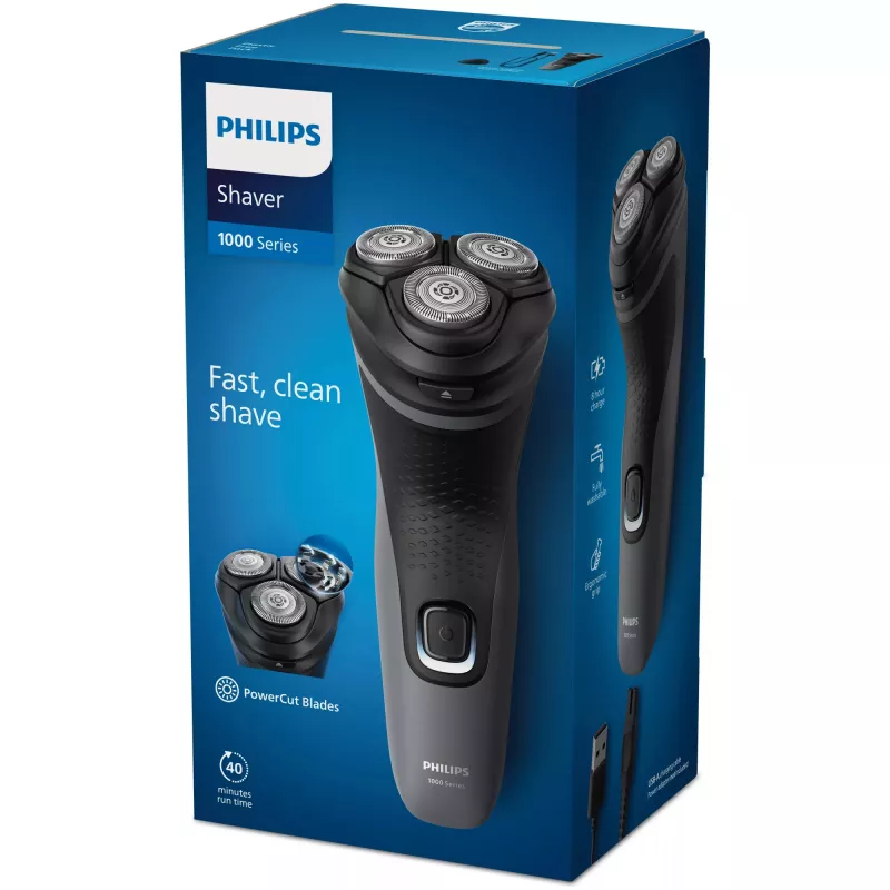 Philips Shaver 1000 Series S1142/00 elektrinis skustuvas, sukamasis, juodas, pilkas, PowerCut ašmenų sistema, SH30, 2 metai, baterija