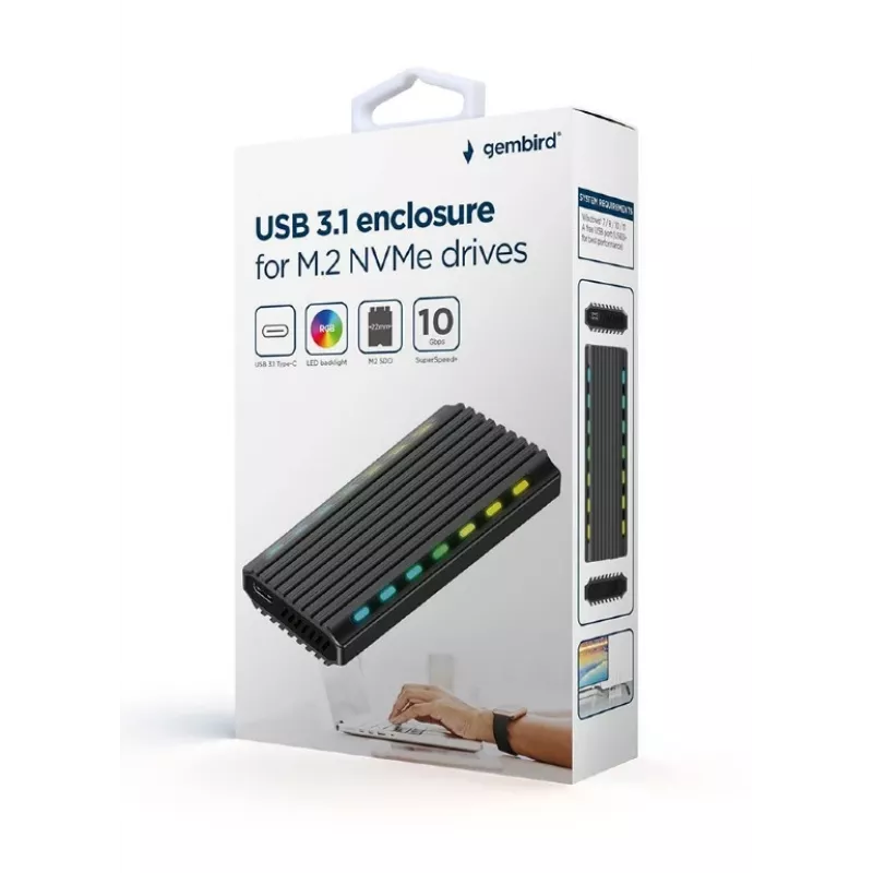 GEMBIRD EE2280-U3C-03 išorinė M.2 NVMe/SATA SSD dėžutė, USB 3.1 Gen 2 (10 Gbit/s), USB Type-C, RGB, aliumininė