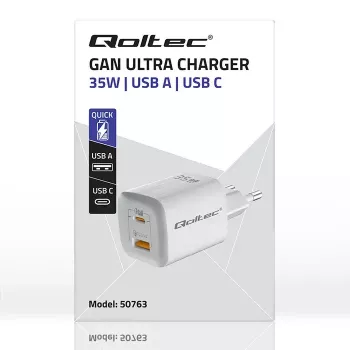 QOLTEC Įkroviklis 50763 — Vidinis AC Greitasis Įkroviklis 35 W, USB-C PD 3.0 + USB-A, 5–20 V, Baltas