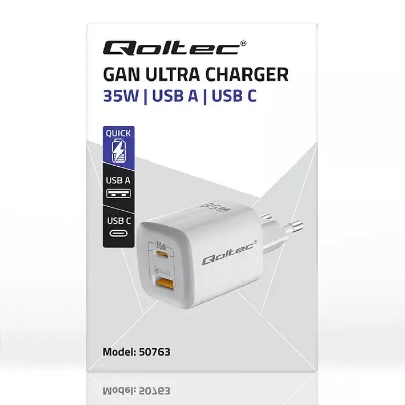 QOLTEC Įkroviklis 50763 — Vidinis AC Greitasis Įkroviklis 35 W, USB-C PD 3.0 + USB-A, 5–20 V, Baltas