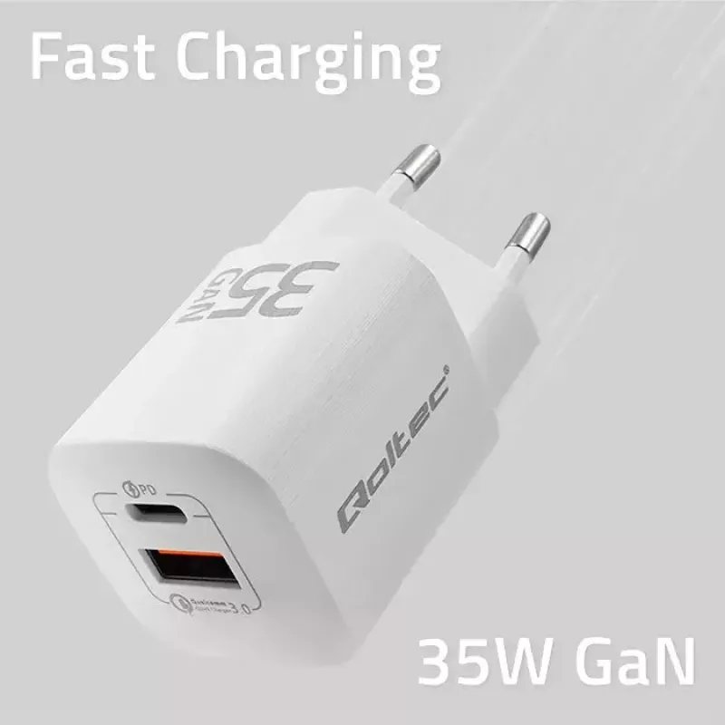 QOLTEC Įkroviklis 50763 — Vidinis AC Greitasis Įkroviklis 35 W, USB-C PD 3.0 + USB-A, 5–20 V, Baltas
