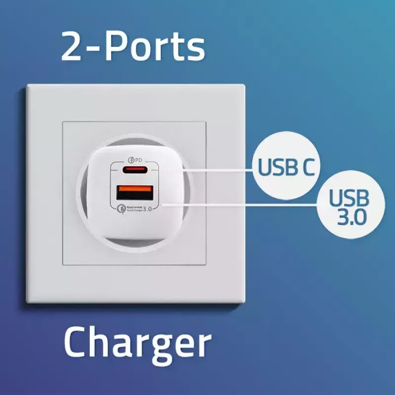 QOLTEC Įkroviklis 50763 — Vidinis AC Greitasis Įkroviklis 35 W, USB-C PD 3.0 + USB-A, 5–20 V, Baltas