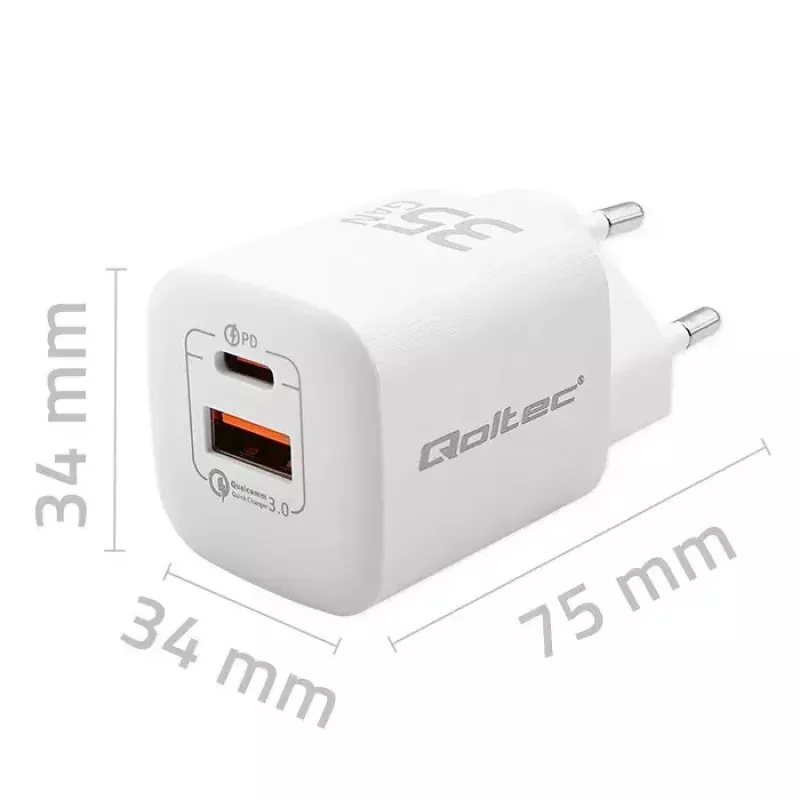 QOLTEC Įkroviklis 50763 — Vidinis AC Greitasis Įkroviklis 35 W, USB-C PD 3.0 + USB-A, 5–20 V, Baltas