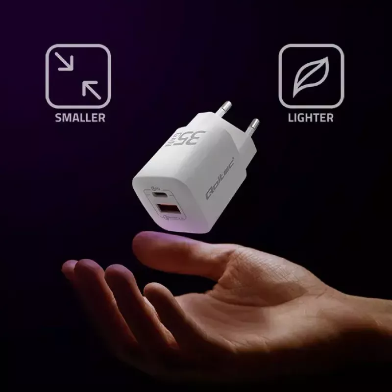 QOLTEC Įkroviklis 50763 — Vidinis AC Greitasis Įkroviklis 35 W, USB-C PD 3.0 + USB-A, 5–20 V, Baltas