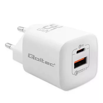 QOLTEC Įkroviklis 50763 — Vidinis AC Greitasis Įkroviklis 35 W, USB-C PD 3.0 + USB-A, 5–20 V, Baltas