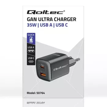 Kroviklis QOLTEC 50764 vidinis AC greitas kroviklis USB-C 35W PD 3.0 + USB-A, 5–20V, C tipo eurokištukas