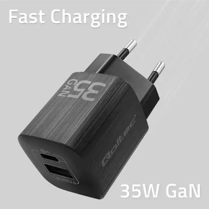 Kroviklis QOLTEC 50764 vidinis AC greitas kroviklis USB-C 35W PD 3.0 + USB-A, 5–20V, C tipo eurokištukas
