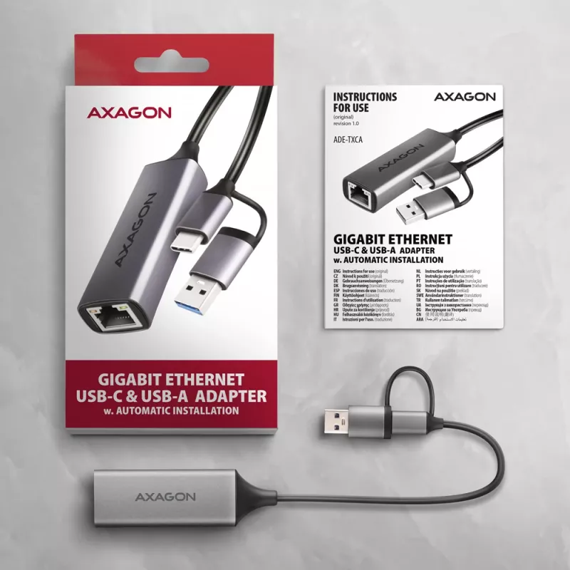 Axagon ADE-TXCA USB-C / USB-A 3.2 Gen 1 – Gigabit Ethernet adapteris, Asix AX88179