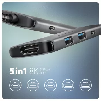 USB-C 5Gbps šakotuvas Axagon HMC-5H8K 2x USB-A, USB-C, HDMI 8k/30Hz, PD 100W, kabelis USB-C, pilkas