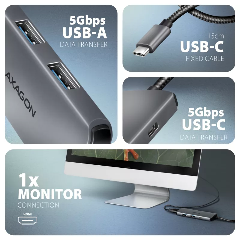 USB-C 5Gbps šakotuvas Axagon HMC-5H8K 2x USB-A, USB-C, HDMI 8k/30Hz, PD 100W, kabelis USB-C, pilkas