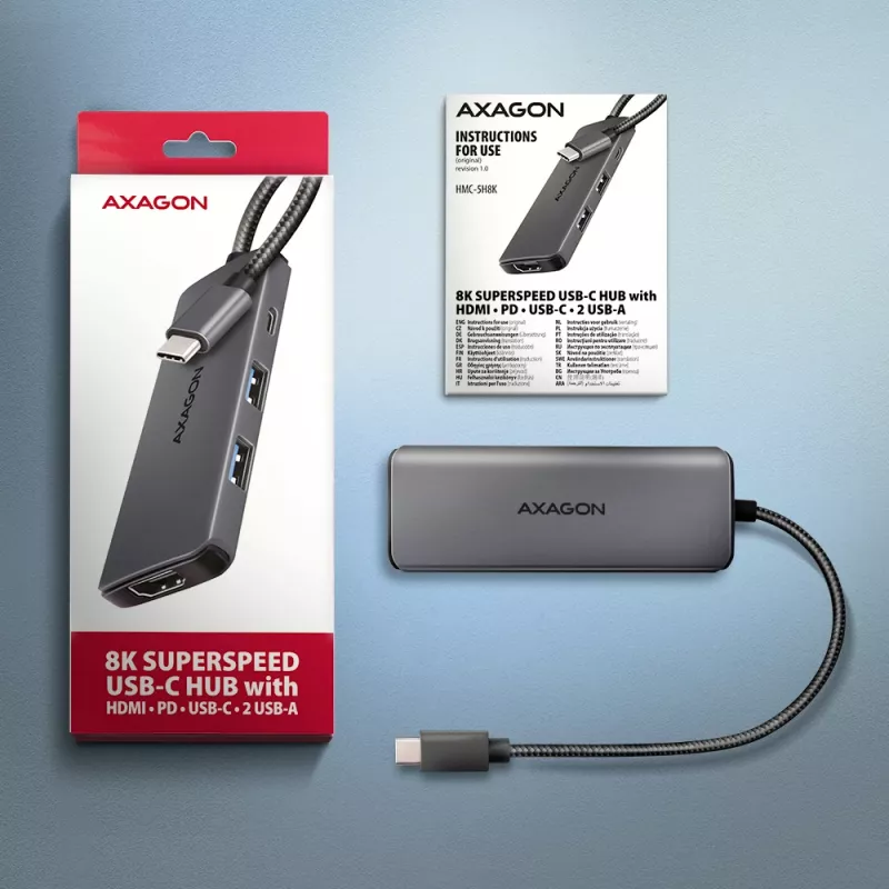 USB-C 5Gbps šakotuvas Axagon HMC-5H8K 2x USB-A, USB-C, HDMI 8k/30Hz, PD 100W, kabelis USB-C, pilkas
