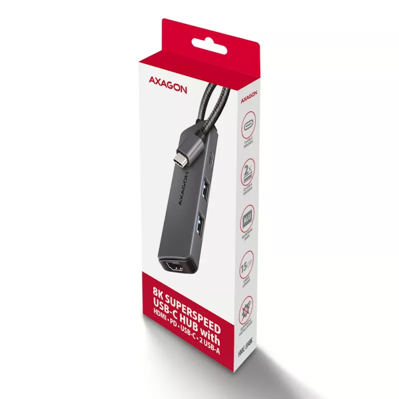 USB-C 5Gbps šakotuvas Axagon HMC-5H8K 2x USB-A, USB-C, HDMI 8k/30Hz, PD 100W, kabelis USB-C, pilkas