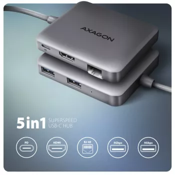 Axagon HMC-5HL USB 5Gbps 2x USB-A HDMI 4K/60Hz RJ-45 PD 100W 20cm USB-C laidas