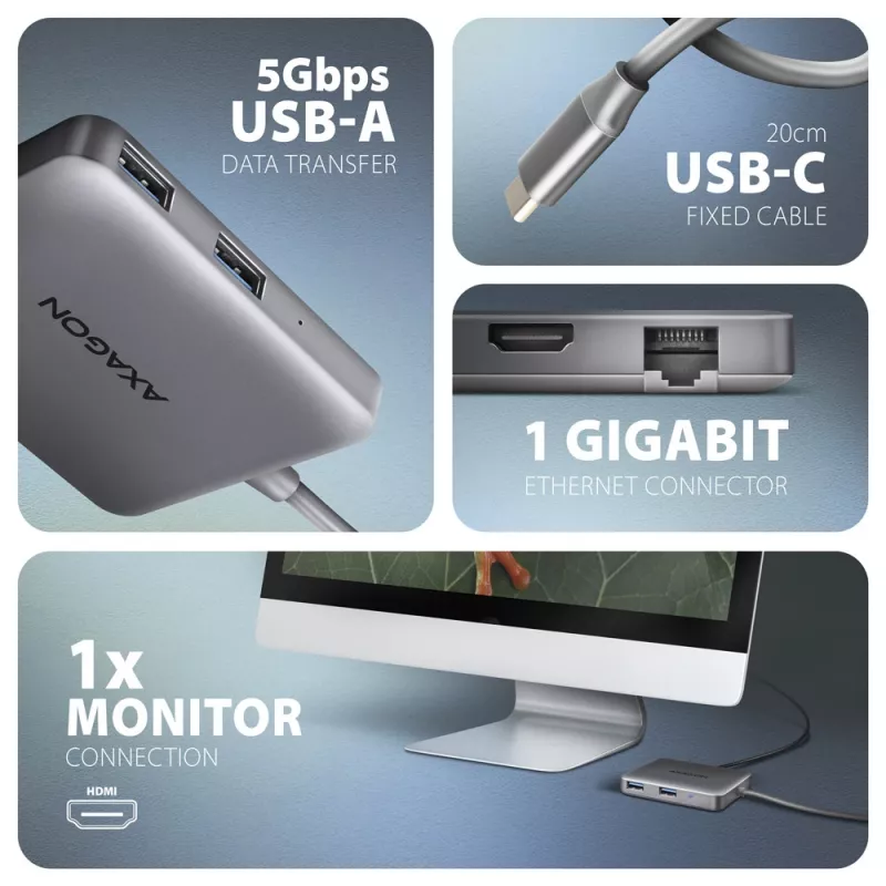 Axagon HMC-5HL USB 5Gbps 2x USB-A HDMI 4K/60Hz RJ-45 PD 100W 20cm USB-C laidas