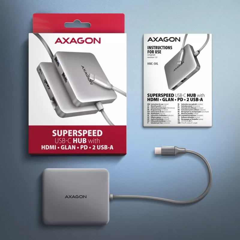 Axagon HMC-5HL USB 5Gbps 2x USB-A HDMI 4K/60Hz RJ-45 PD 100W 20cm USB-C laidas