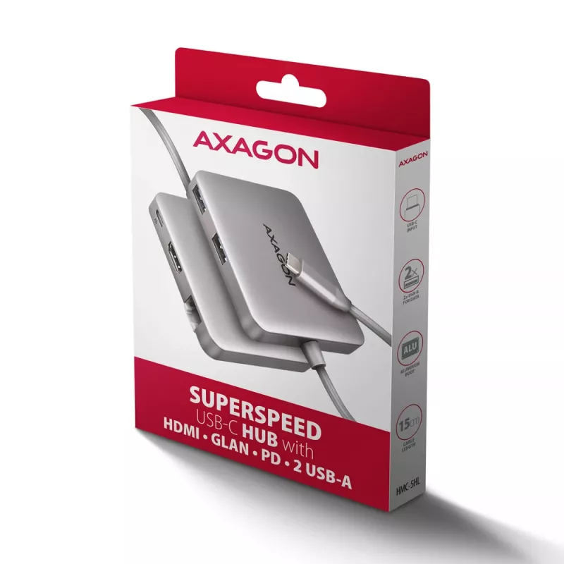 Axagon HMC-5HL USB 5Gbps 2x USB-A HDMI 4K/60Hz RJ-45 PD 100W 20cm USB-C laidas