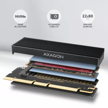 Axagon PCEM2-XS PCIe x16 adapteris M.2 NVMe M-key lizdui su pasyviu aliumininiu radiatoriumi