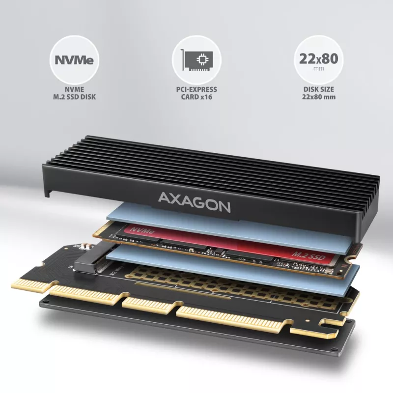 Axagon PCEM2-XS PCIe x16 adapteris M.2 NVMe M-key lizdui su pasyviu aliumininiu radiatoriumi