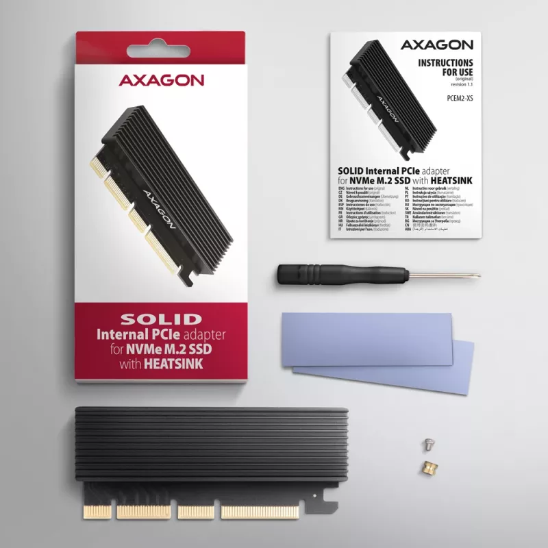 Axagon PCEM2-XS PCIe x16 adapteris M.2 NVMe M-key lizdui su pasyviu aliumininiu radiatoriumi
