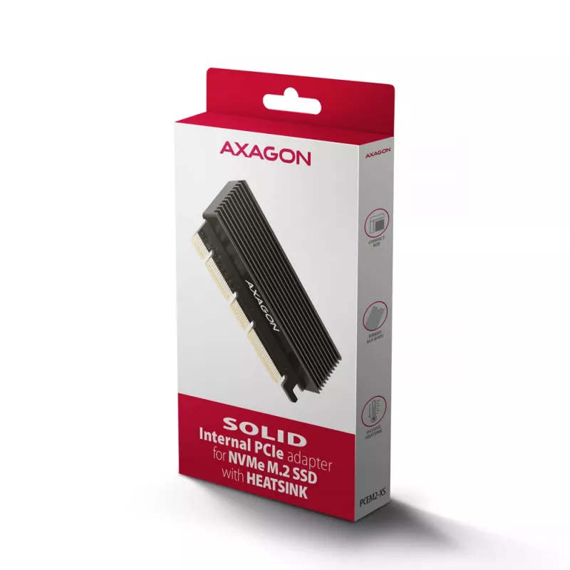 Axagon PCEM2-XS PCIe x16 adapteris M.2 NVMe M-key lizdui su pasyviu aliumininiu radiatoriumi