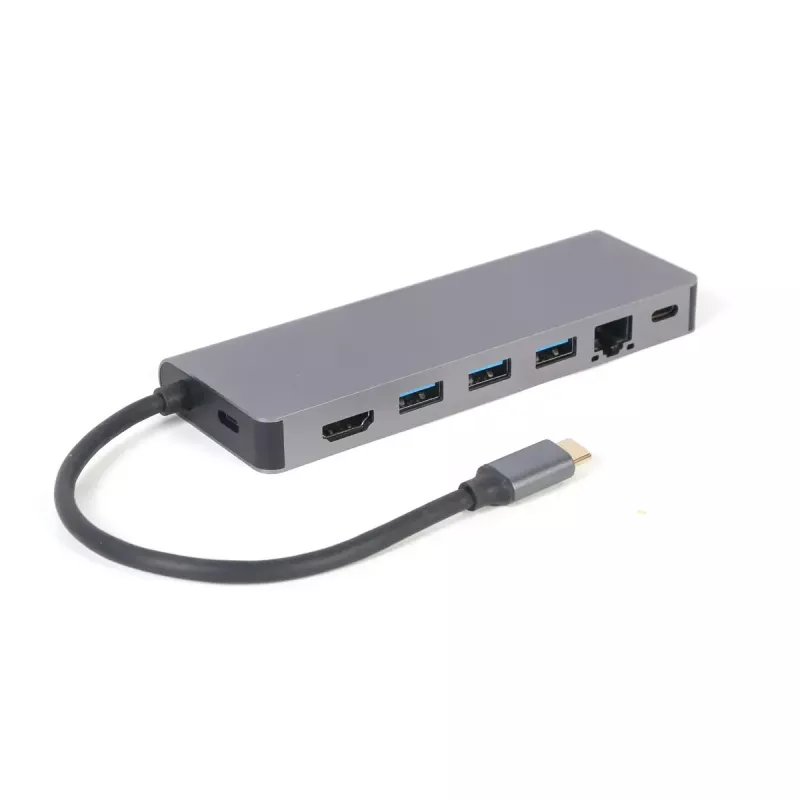 USB centras GEMBIRD A-CM-COMBO5-05 — USB 3.2 Gen 1 Type-C, 3x USB-A, HDMI, RJ-45, SD/microSD, 100W PD