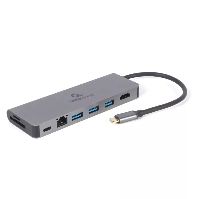 USB centras GEMBIRD A-CM-COMBO5-05 — USB 3.2 Gen 1 Type-C, 3x USB-A, HDMI, RJ-45, SD/microSD, 100W PD