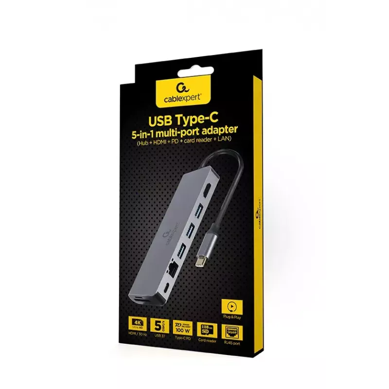 USB centras GEMBIRD A-CM-COMBO5-05 — USB 3.2 Gen 1 Type-C, 3x USB-A, HDMI, RJ-45, SD/microSD, 100W PD