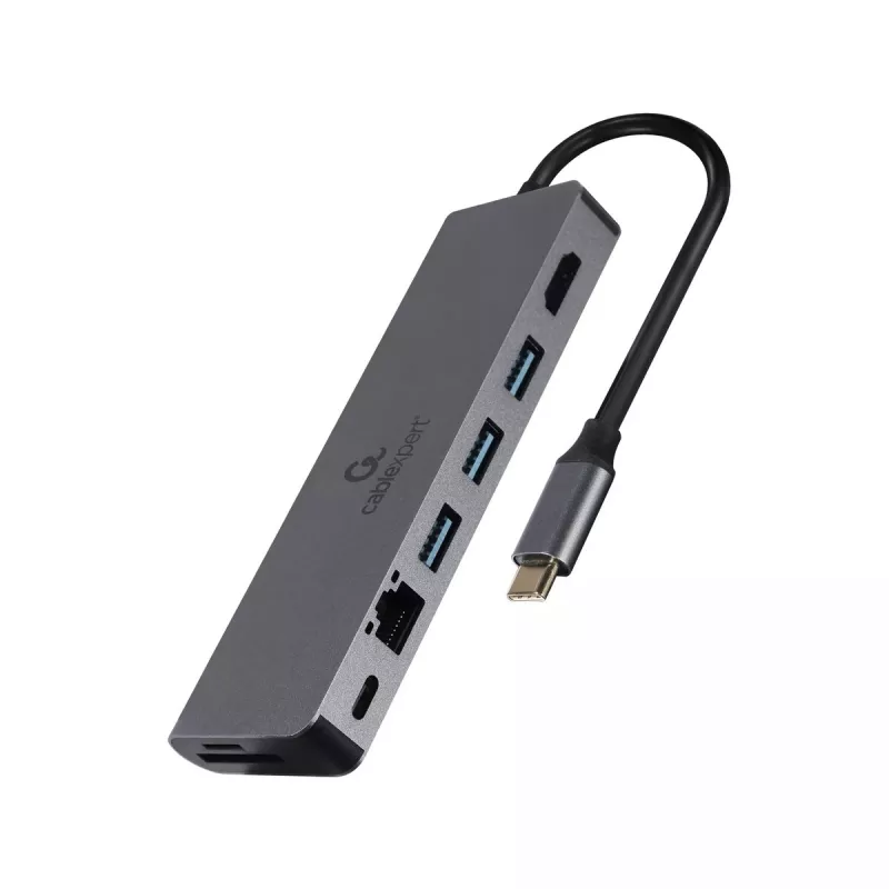 USB centras GEMBIRD A-CM-COMBO5-05 — USB 3.2 Gen 1 Type-C, 3x USB-A, HDMI, RJ-45, SD/microSD, 100W PD