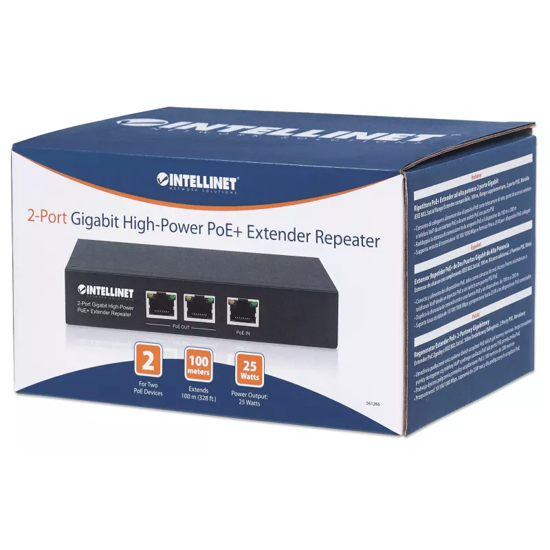 Intellinet 2-Port Gigabit didelės galios PoE+ prailgintuvas kartotuvas, IEEE 802.3at/af, metalinis
