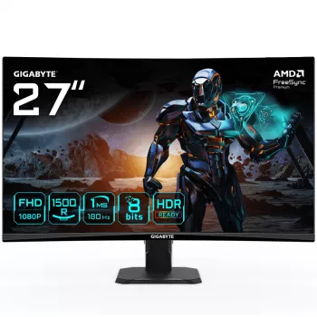 GIGABYTE GS27FC 27 colių FHD išlenktas žaidimų monitorius - 1920 x 1080, 180Hz, 1ms, 250 cd/m², FreeSync Premium, HDR Ready, HDMI 2.0, DisplayPort 1.4