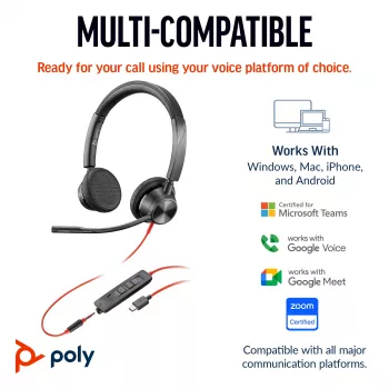 HP Poly Blackwire 3325 Stereo Microsoft Teams sertifikuota ausinė su USB-C, 3,5 mm lizdu ir USB-C/A adapteriu