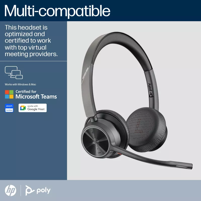 HP Poly Voyager 4320 belaidė ausinė su Microsoft Teams sertifikatu, BT700 adapteriu ir įkrovimo stotele