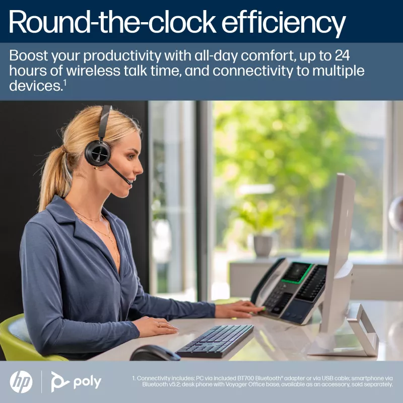 HP Poly Voyager 4320 belaidė ausinė su Microsoft Teams sertifikatu, BT700 adapteriu ir įkrovimo stotele