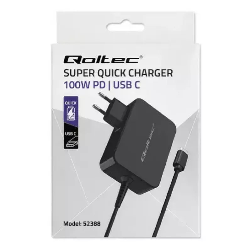 Qoltec 52388 GaN Power PRO 100 W USB-C PD sieninis greitasis įkroviklis 20 V 5 A juodas