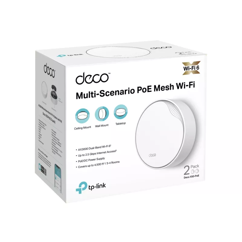 TP-Link Deco X50-PoE AX3000 viso namo „Mesh“ Wi-Fi 6 sistema su PoE, balta, vidinis, „Mesh“ sistema, 420 m², dviejų juostų (2,4 GHz / 5 GHz), Wi-Fi 6 (802.11ax)