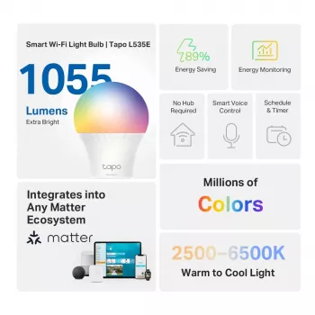 TP-Link Tapo L535E išmanioji lemputė, daugiaspalvė, Matter, 1055 liumenų, Wi-Fi/Bluetooth, balta, LED