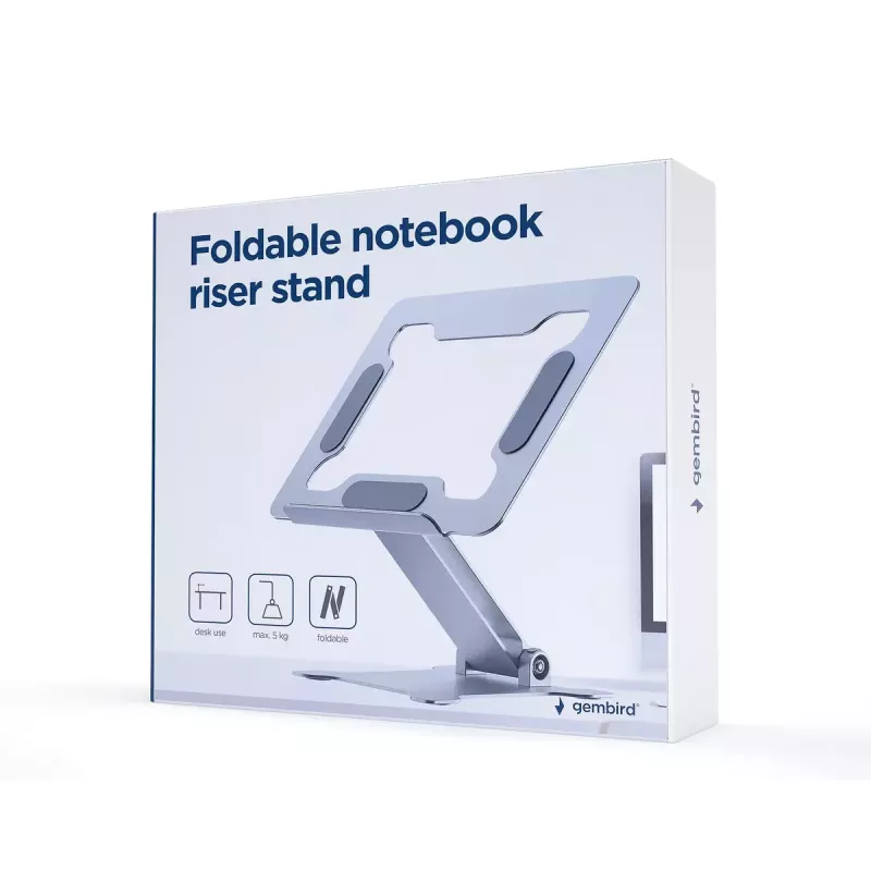 Nešiojamojo kompiuterio stovas Gembird NBS-D1-03 sidabrinis aliuminis iki 39,6 cm (15,6 col.), sulankstomas, aukštis 60 mm, maks. apkrova 5 kg