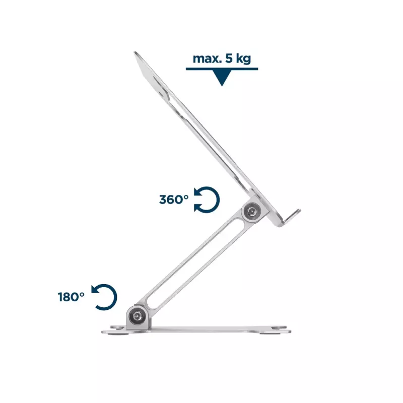Nešiojamojo kompiuterio stovas Gembird NBS-D1-03 sidabrinis aliuminis iki 39,6 cm (15,6 col.), sulankstomas, aukštis 60 mm, maks. apkrova 5 kg
